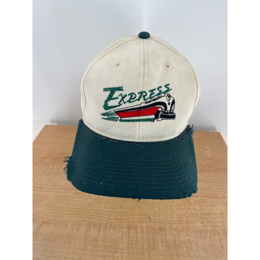 Vintage Express Baseball Cap Cream Green Distressed Bill Adjustable Snapback‎